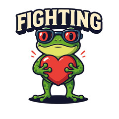 A cool cartoon frog mascot with sunglasses holding a red heart with the word fighting