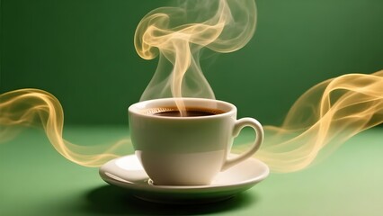 Steaming cup of coffee on a saucer with rising aroma against a green backdrop on transparent background