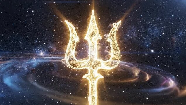 Glowing trident with three prongs emitting light and energy against a starry night sky with swirling galaxies and nebulae.