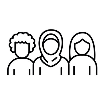 A line icon of three diverse people, including different hairstyles and a hijab, representing ethnic diversity and inclusion