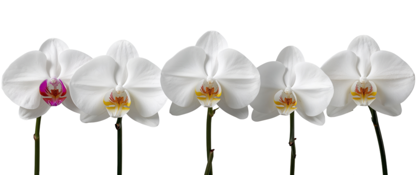 Five elegant white orchids stand in a row, each showcasing a different inner detail of color.