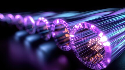 Optical fiber macro photography featuring luminous light trails flowing through transparent glass cables with vibrant colors