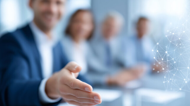 Global business meeting with engineer defocused conference, faceless international consultation, digital visualization detail, blurred teamwork background, business concept, global