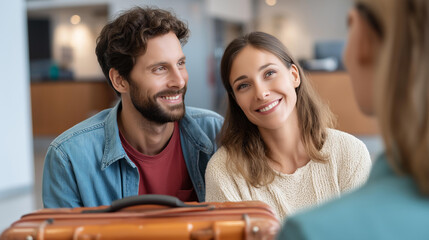 Happy couple discussing vacation with agent defocused package, faceless travel consultation, planning visualization detail, blurred office background, booking concept, client inter