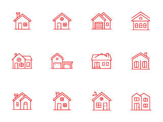 Collection of Red Line Art Icons Representing Various House Designs
