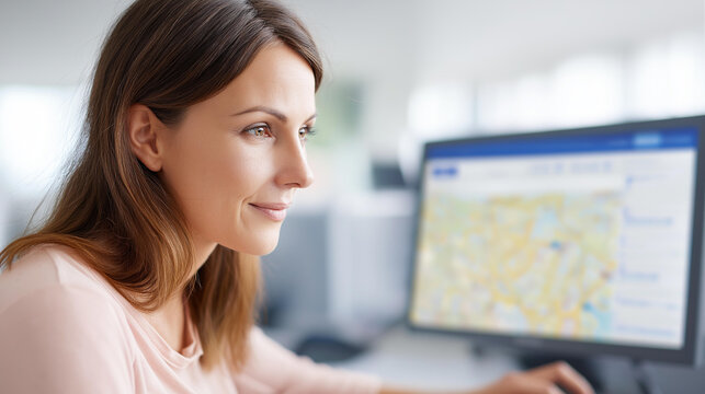 Woman at computer with map screen defocused office, faceless travel planning, destination visualization detail, blurred workspace background, tourism concept, agent interface, rese