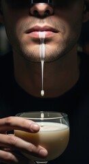Dramatic close-up of a man's mouth with a creamy white cocktail dripping from his lips into a glass.