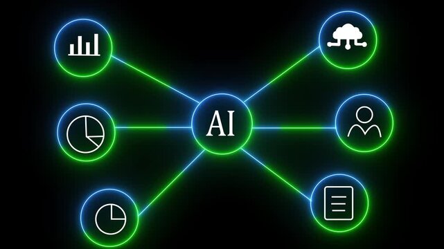 AI Workflow Diagram with Neon Data Connections for Analytics, Cloud, Users, and Reports 4k video.