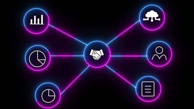 Hand Workflow Diagram with Neon Data Connections for Analytics, Cloud, Users, and Reports 4k video.