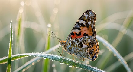 Obraz premium Butterfly perched on a blade of grass with morning dew drops.