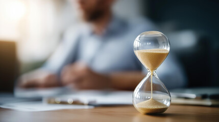 Hourglass on desk with last minute inscription defocused office, faceless time pressure, travel visualization detail, blurred workspace background, vacation sale concept, tourism i