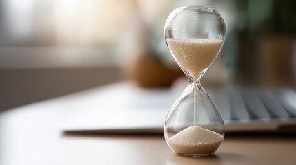 Hourglass on desk with last minute inscription defocused office, faceless time pressure, travel visualization detail, blurred workspace background, vacation sale concept, tourism i