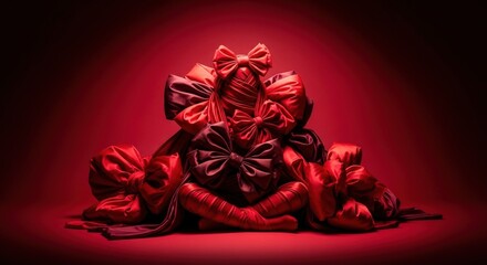 A mysterious figure completely covered in an abundance of shiny red and dark red gift bows under a spotlight.