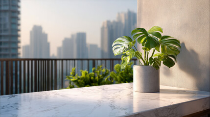 Modern potted houseplant on a marble table with a blurred urban cityscape in the background featuring sunlight and natural outdoor greenery on a balcony