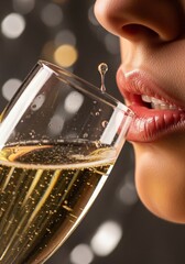 Close-up of a person's lips sipping champagne from a glass with a single droplet suspended in mid-air.