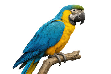 Obraz premium Blue-and-yellow macaw parrot perched on a branch looking right with colorful tropical feathers on transparent background