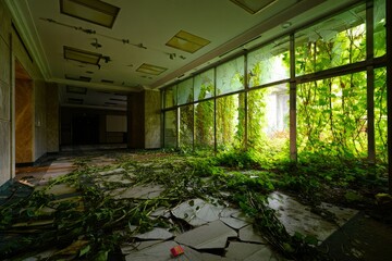 Abandoned building overgrown with plants, showcasing natures reclamation of space