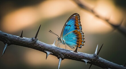 Obraz premium Butterfly resting on a thorny branch in natural light.