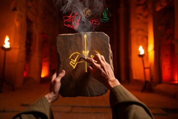 Sorcerer casts spell with runes on stone tablet in a dark, smoky chamber