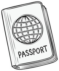 Hand drawn line art illustration of an international travel passport with a world globe symbol and text