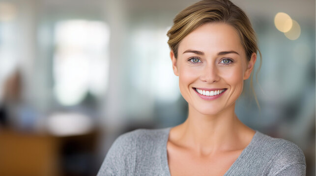 Pretty travel agent smiling at camera defocused office, faceless professional portrait, tourism visualization detail, blurred agency background, agent concept, friendly interface, - Powered by Adobe