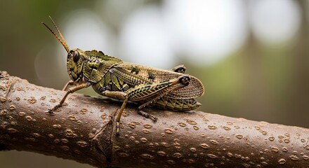 Camouflaged Grasshopper Perched on a Branch in Natural Habitat.