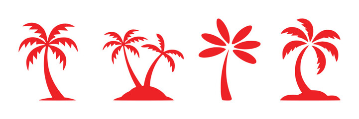 Set of Four Red Palm Tree Silhouettes on White Background