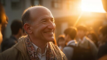 Smiling middle-aged Caucasian man engaging with crowd during golden hour at outdoor event with warm lighting