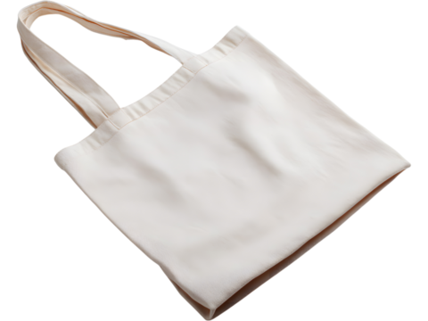 Minimal white cotton tote bag isolated on transparent background, symbolizing eco-friendly lifestyle and reusable fashion.
