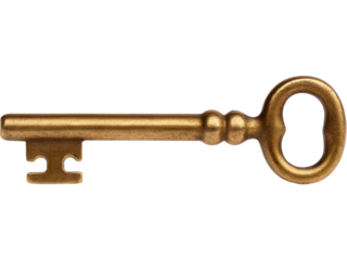 Hanging antique brass key isolated on transparent background, representing tradition, mystery, and unlocking potential.