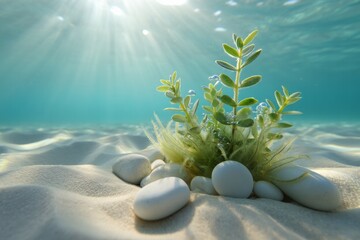 Underwater still life with sun rays shining on plant and white stones