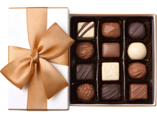 Open box of assorted chocolates with red ribbon isolated on transparent background, representing sweetness and gifts.