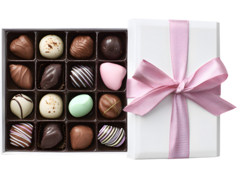 Open box of assorted chocolates with red ribbon isolated on transparent background, representing sweetness and gifts.