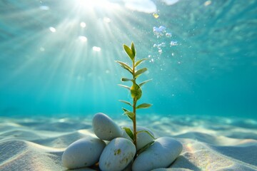 Plant growing from stones underwater with sunlight shining through the water