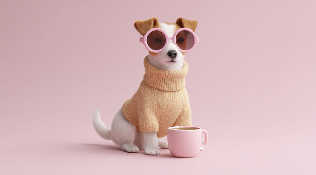 Stylish puppy dons sunglasses and a cozy sweater, posing with a cup on a pink backdrop for a trendy, whimsical portrait. So adorable!