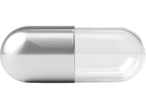 Single transparent vegan supplement capsule isolated on transparent background, symbolizing wellness and health.