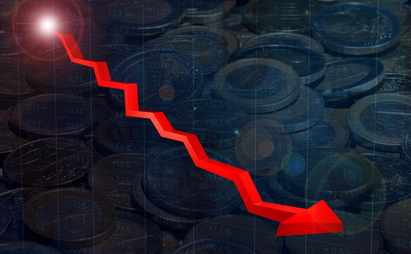 Red arrow pointing downwards, euro coins in the background, falling profits, weak economy, contraction. Spreadsheet, data in the background, financial figures, negative trend, loss.