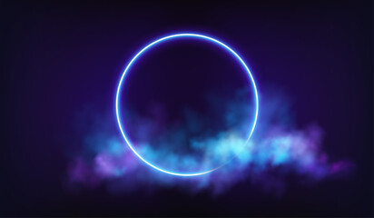 Vector Illustration Neon Circle Background Night Glow Blue Fog Atmosphere