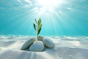 Underwater scene with plant growing from stones, symbolizing new life and hope