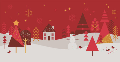 Christmas forest banner with snowflakes, pine trees and tiny house.