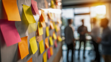 Colorful sticky notes on a wall in a bright office space with team members brainstorming and collaborating during a work meeting in the background
