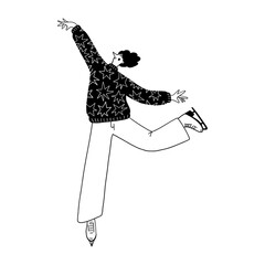 Woman ice skating winter sport activity vector illustration for festive holiday fun and seasonal recreation. Person figure skating doodle line art monochrome style happy energetic movement