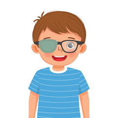 Little boy wear glasses with eye patch for lazy eye treatment