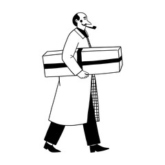 Man with pipe carrying large gift box vector illustration for holiday shopping and present delivery. Person in winter coat doodle line art monochrome surprise package