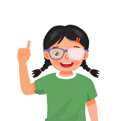 Little girl wear glasses with eye patch for lazy eye treatment