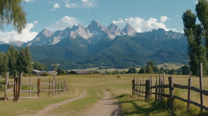 Rural valley road leads to towering mountains