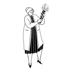 Grandma setting off confetti popper vector illustration for party celebration and new year event surprise. Happy elderly woman with firework doodle line art monochrome style festive moment