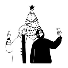 Two women taking a selfie in front of a Christmas tree vector illustration for holiday celebration. Friends posing with phone doodle line art monochrome winter event