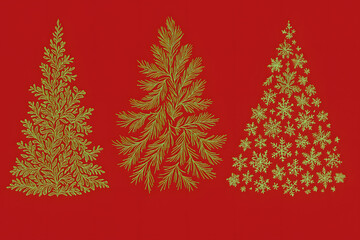 赤い背景に映える緑の線画クリスマスツリー3種セット