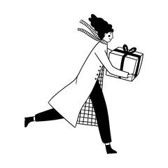 Woman running with gift box vector illustration for Christmas holiday shopping or fast present delivery. Festive person delivering surprise package doodle line art monochrome winter event